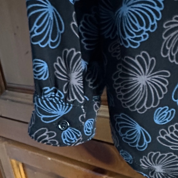 Anne Klein Black Blue Taupe Geo Floral Patterned V Neck Long Sleeve Blouse Small - Picture 6 of 8